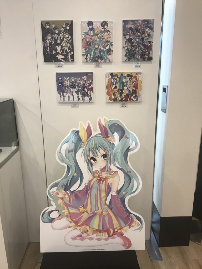 A cute panel featuring Hatsune Miku and some prints for sale at Harajuku Space collaboration store